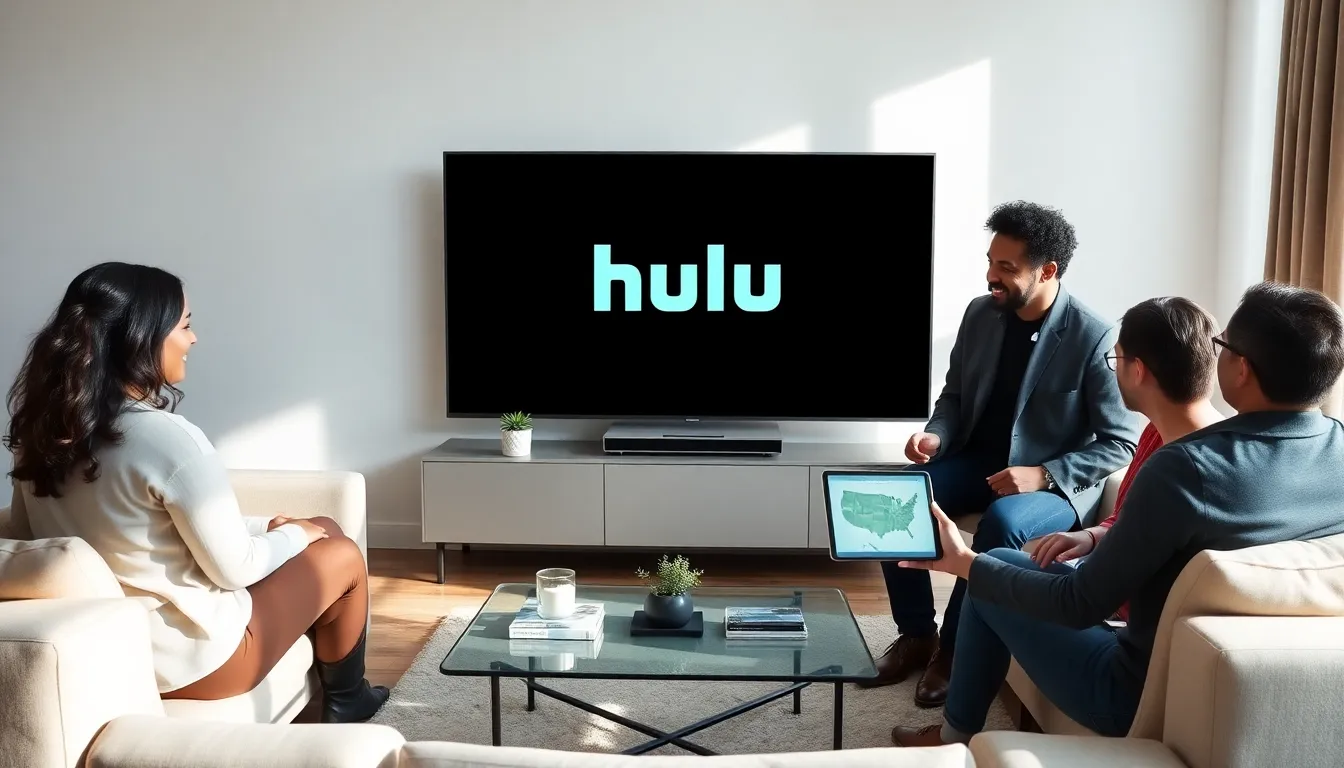 diverse group discussing Hulu's home location feature in a modern living room.